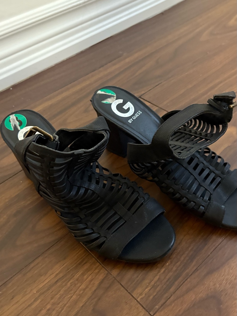 G by Guess Black Woven Cage Block Heel Sandals